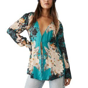 Free People Mikayla Woven Floral Print Plunging V-Neck Long Bishop Sleeve Tunic
